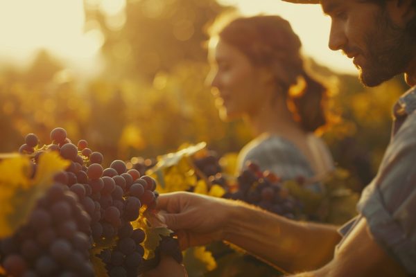 Vendange de raisins rouges au Cellier St-Léonard en Valais, avec des vendangeurs dans les vignes au coucher du soleil